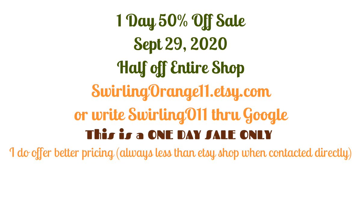 swirlingO11's tweet photo. https://t.co/tcvkvpq91S SEPT29 mark your calendar ENTIRE #ETSYSHOP #HALFOFF one day Flash Sale Sept 29. Entire shop on sale for half off #tmtinsta #etsyteamunity #etsyspecialt #epiconetsy #etsysocial1 #mnttoi #HALFoff #SALE https://t.co/bBQrfOIAn9