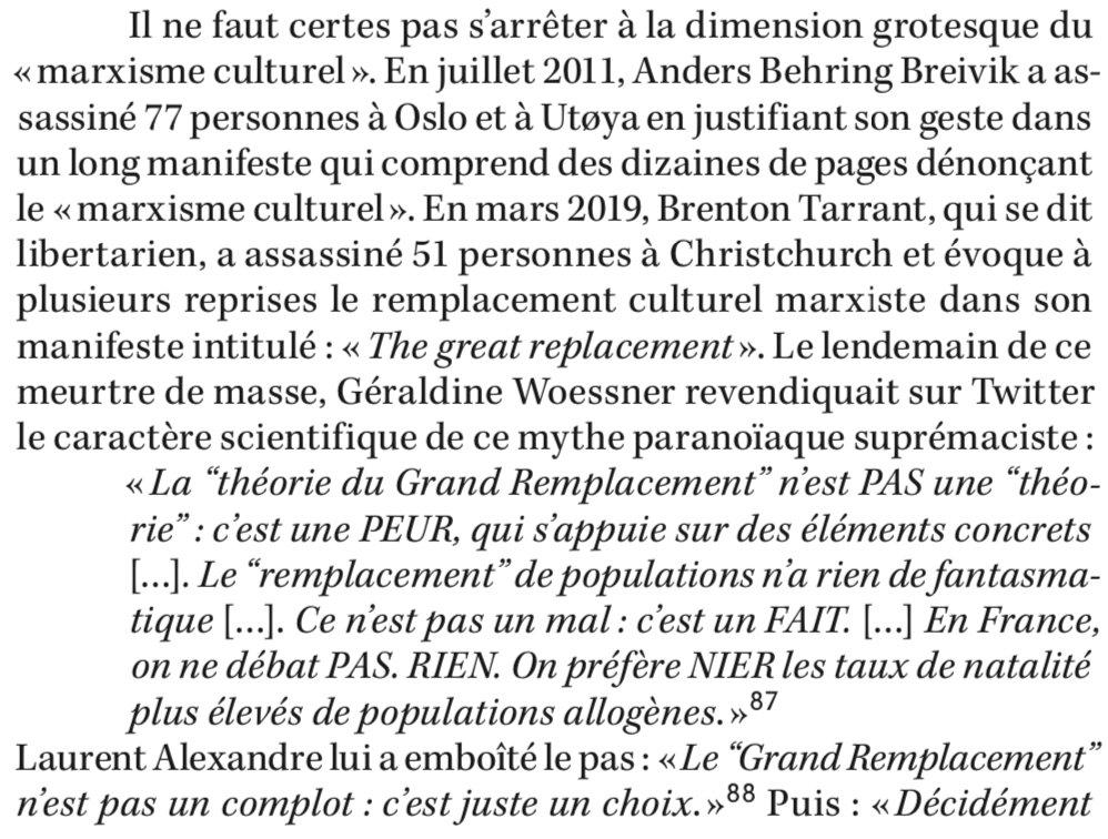 En particulier, compter encore parmi les soutiens actifs de Woessner, après qu'elle a produit ce thread le lendemain du crime de masse "libertarien" et suprémaciste de Christchurch, légitimant le Grand Remplacement comme fait scientifique laisse pantois.Peu de place au doute.