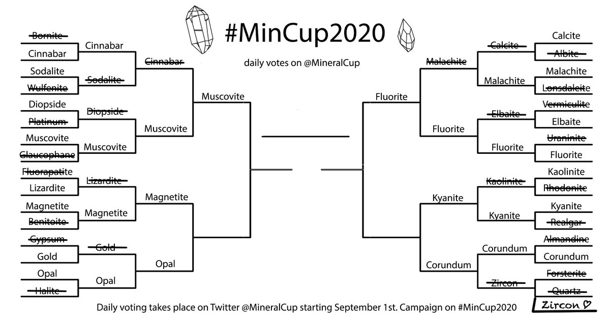 After a close tie all day with just a handful of votes between these beloved competitors,  #Fluorite will be moving on to the semi-finals!Condolences,  #Malachite. The banded green mineral lost by just 1% or 32 ± 3 votes.