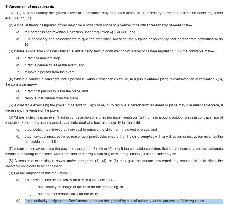 This is the enforcement power. Could it really authorise detention by private security? Surely that needs clear and unambiguous words, not a vague reference to a "designated officer". This is very troubling and I think a court would be very worried by this  https://www.legislation.gov.uk/uksi/2020/750/regulation/12