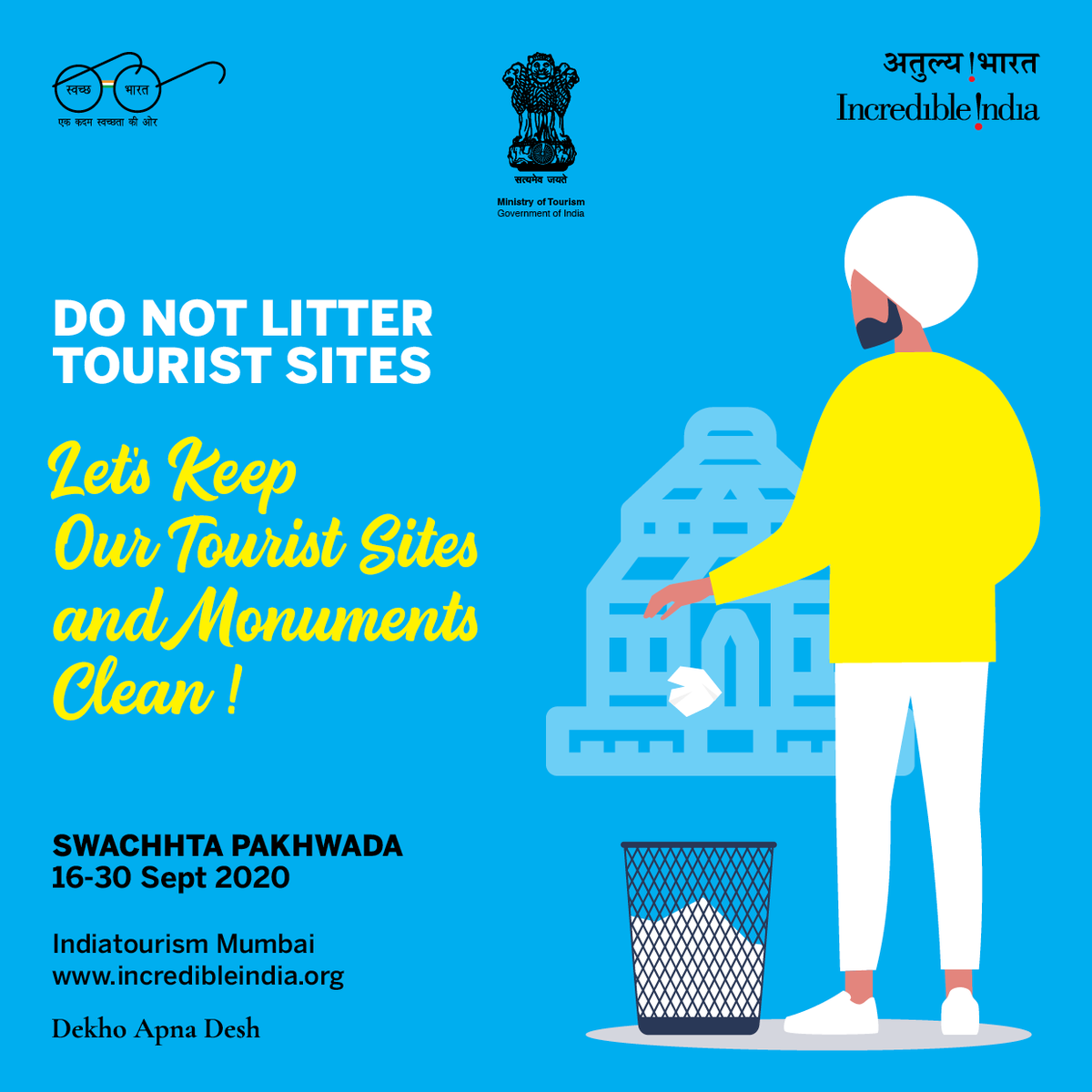IndiatourismM's tweet photo. This #WorldTourismDay let us pledge to keep monuments and tourist sites clean and tidy. Please use the dustbins to #keepmonumentsclean. Join the #swacchtapakhwada and promote #cleantouristsites. #swacchbharat #incredibleindia @PIBMumbai @incredibleindia @tourismgoi https://t.co/AWgwA4vXCK