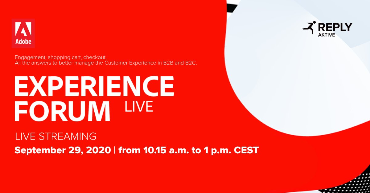 Reply_ITA's tweet photo. #AktiveReply partecipa all’evento in live streaming Adobe Experience Forum, dedicato al Digital Business. Iscriviti e scopri di più sugli innovativi strumenti di @Adobe per migliorare la Customer Experience, sia in ambito B2B che B2C: https://t.co/q01EvwtWI7 #AdobeExperienceForum https://t.co/IPAITcTKQO