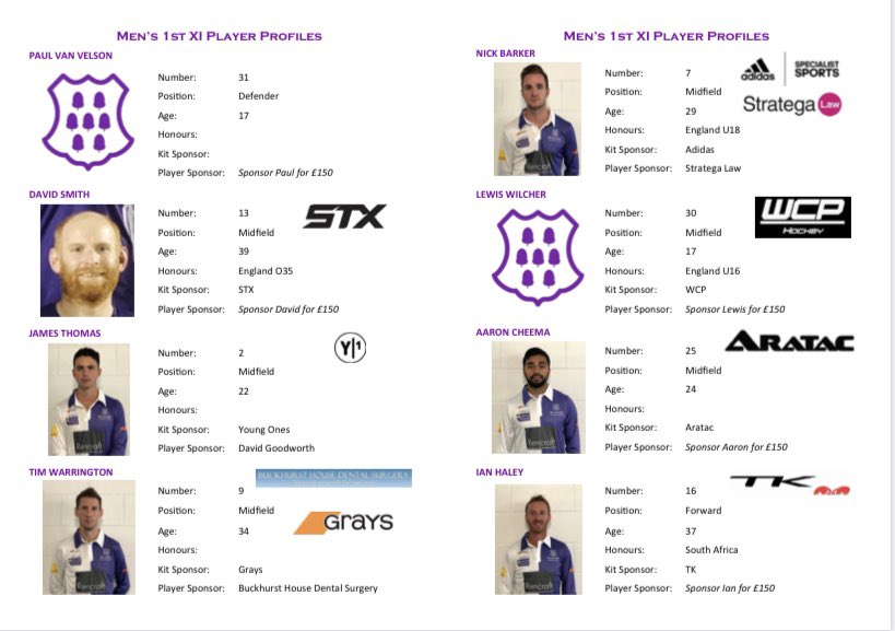 👥 More player profiles for our Men’s 1’s squad
🤜🤛 Thanking our player sponsors; David Goodworth (sponsoring James Thomas) <a href="/BuckhurstHouse/">Buckhurst House</a> (sponsoring <a href="/timwozza/">Tim Warrington</a>) @StrategaLaw (sponsoring @nickbeaker)