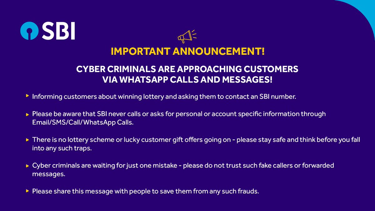 TheOfficialSBI's tweet image. Customers are now being targeted on WhatsApp. Don't let cyber criminals fool you! Please be aware and stay vigilant. 

#SBI #StateBankOfIndia #CyberCrime #SafetyTips #CyberSafety