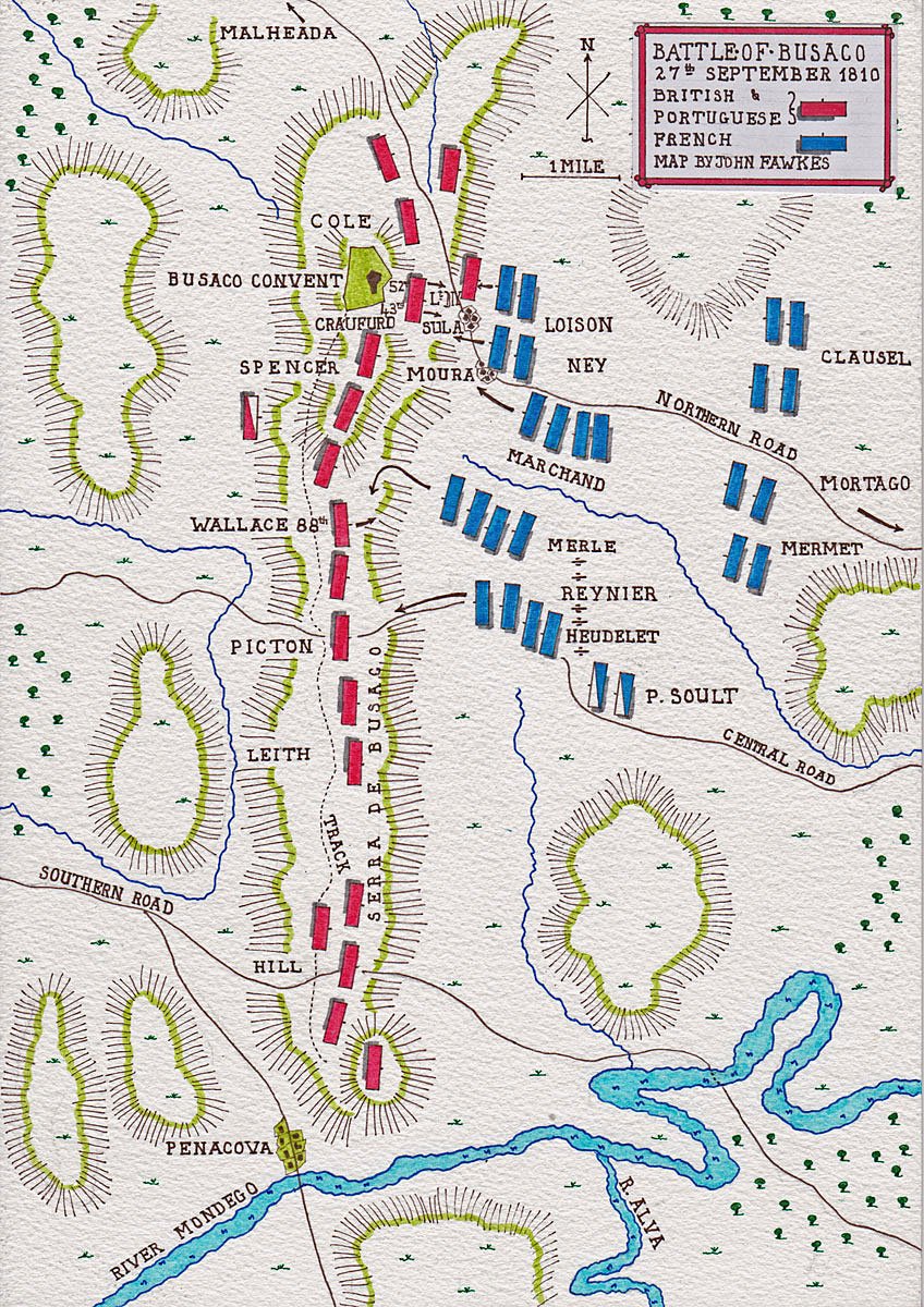 Fought  #OnThisDay 27 Sept 1810 The Battle of Bucasso.To block Marshal Massena's invasion of Portugal, Wellington chose a very strong position on the heights of Bucasso.His army consisted of 25,000 British, 25,000 Portuguese & 78 guns, against 60,000 French with 112 guns. #OTD