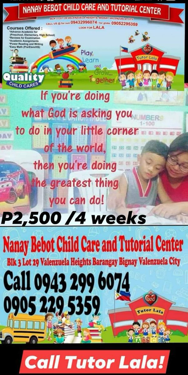 emmacobar's tweet image. We are committed to tutor today the leaders of tomorrow!

Hire a tutor!
Message me asap
Tutor Lala Cobar
09432996074
09052295359
Email:
nanaybebot.tutorial@gmail.com
FB Page:
Nanay Bebot Child Care and Tutorial Center

#TutorLala
#hireatutor