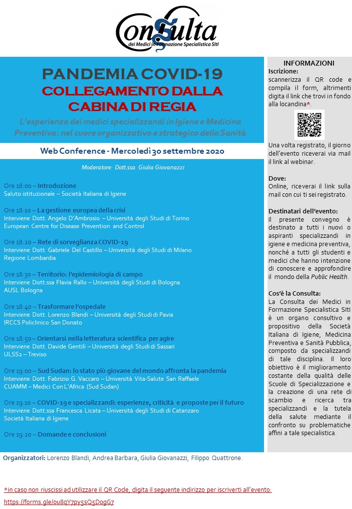 LorenzoBlandi's tweet photo. WEBINAR 30 Settembre, h18:00.
Specializzandi in Igiene condividono le esperienze lavorative vissute durante la #pandemia.

Iscrizioni ➡️ https://t.co/hDJRITt8vv

Sarà un momento prezioso di #orientamento per aspiranti specializzandi in Igiene e di #aggiornamento per i colleghi. https://t.co/zwekTuicNR