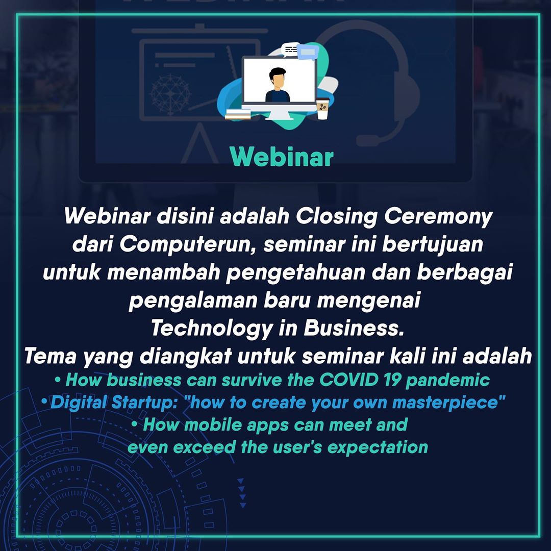 Computerun2021's tweet photo. Webinar aims to add new insights and knowledge about Technology and Business from various influencers who are experienced and experts in their fields. Stay updated on our latest posts because further information webinar will be published soon!

#COMPUTERUN2020
#HIMSISFO
#HIMTI https://t.co/xxP5aszqkN