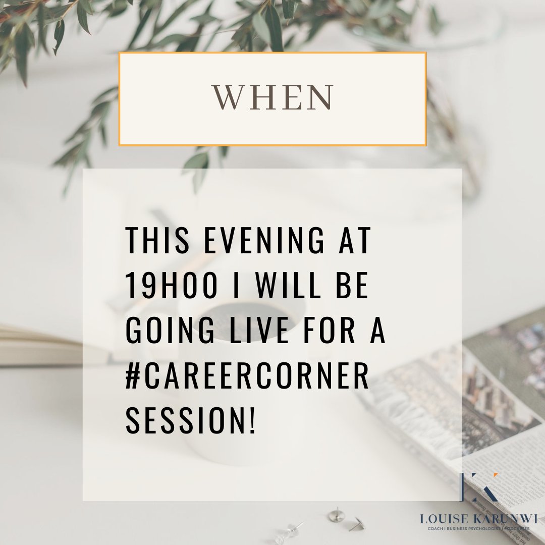 Join me #LIVE this evening in the #CareerCorner!
 
This evening I will be discussing key principles for transitioning into a new career.

See you at 19h00 on your Instagram Live stream!

DM me any questions that you may have before then.⁠

l8r.it/3dkO