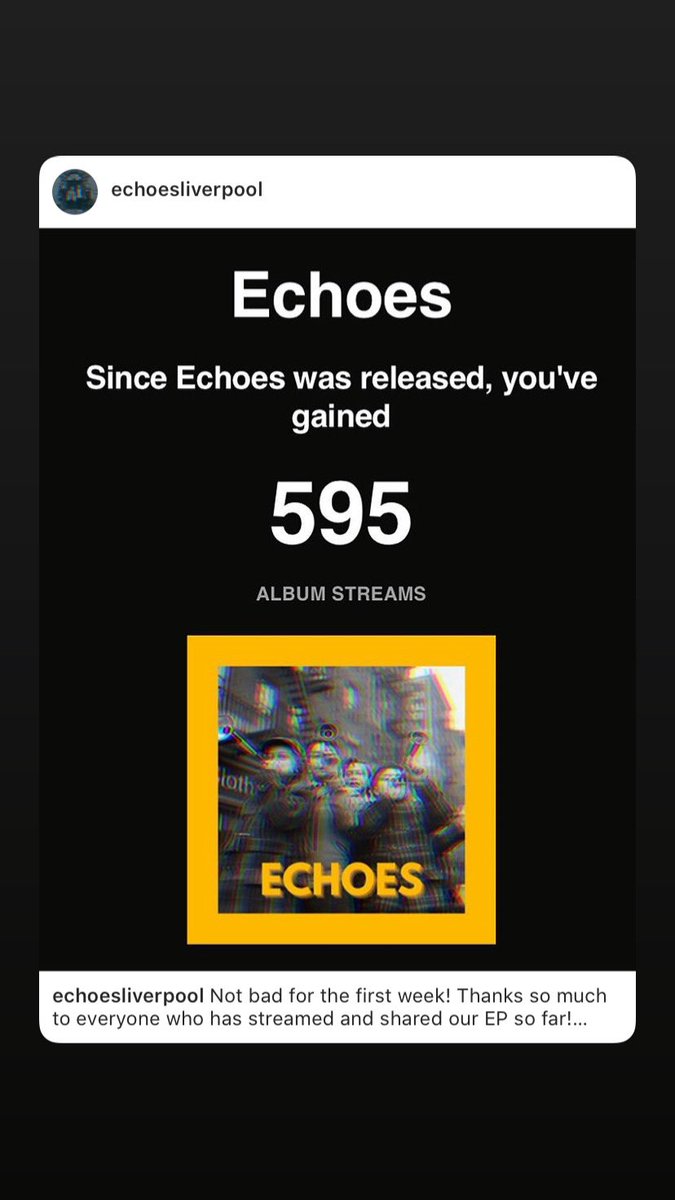 EchoesLiverpool's tweet photo. An exciting first week for us hitting almost 600 listens on our new ep! If you haven’t checked it out yet, click on the link in our bio! 🖤 https://t.co/J6in5xhXU0