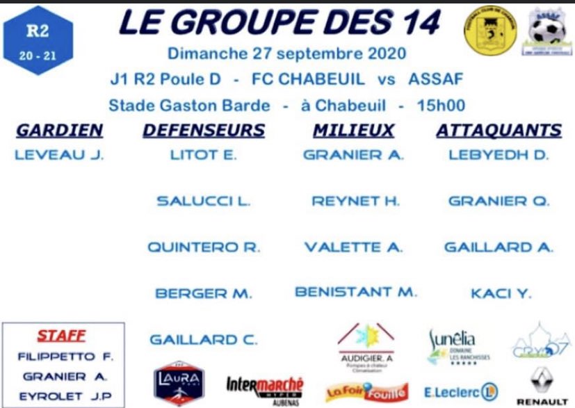 ASSAFAUBENAS's tweet photo. #SENIORS 1 💙🤍
👥⚽️ Voici la composition du groupe des 14 convoqué pour le derby de la 1ère journée du championnat R2 Poule D à @FcChabeuil à 15h00 juste après notre équipe réserve qui joue à 13h00 🔥

#TeamASSAFSéniors ⚽️
#Objectif DOUBLE VICTOIIIIIIRES ✔️✔️ https://t.co/PQyZJyChD0