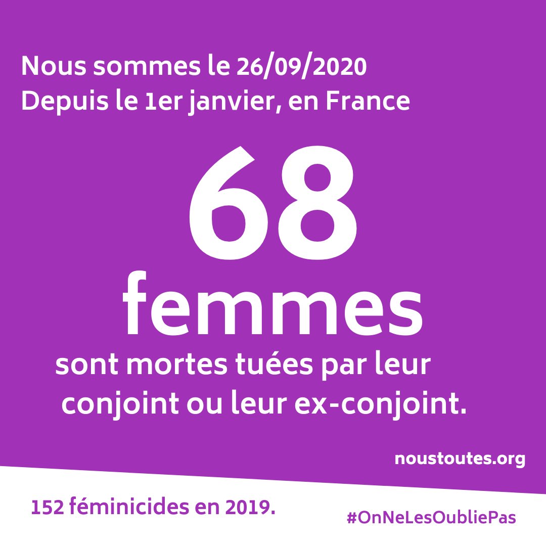 Samedi 26 septembre, à Wissembourg (67), Christine (58 ans) a été tuée par son compagnon. 
C’est le 68ème féminicide depuis le début de l’année. 
<a href="/EmmanuelMacron/">Emmanuel Macron</a>, il faut agir en urgence pour protéger les femmes. 
Source: <a href="/feminicidesfr/">Féminicides Par Compagnons ou Ex</a> 
noustoutes.org
#NeLesOublionsPas
