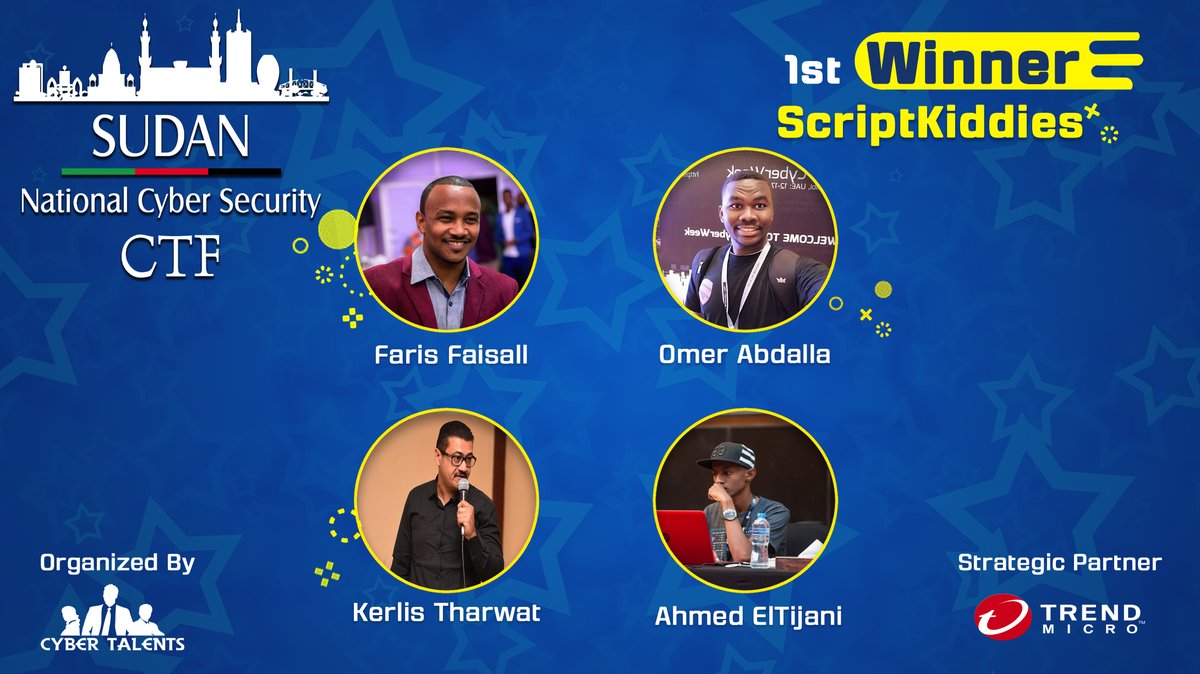 Cyber_Talents's tweet photo. Congratulations to the top 3 winners of Sudan National CTF 2020 who are officially qualified for the Arab & Africa Regional Cybersecurity CTF on 10th Oct 🏆 Well Done Guys 🇸🇩👏🏻 https://t.co/kxmu8nAkA7
#CyberTalents #CTF #Cybersec #Infosec #Sudan #Final_Round #Arab #Africa https://t.co/hjitKl5u2H