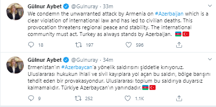 Turkish presidential spokesman Ibrahim Kalin ( @ikalin1) and Senior Advisor to the President of the Republic of Turkey Gülnur Aybet ( @Gulnuray) also took to Twitter to condemn Armenia.