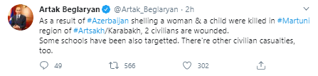 Artak Beglaryan ( @Artak_Beglaryan) tweeted about the attack, citing multiple deaths and injuries. “A woman and child were killed,” Mr Beglaryan wrote, before adding: “Some schools have also been targeted. There are other civilian casualties too.”