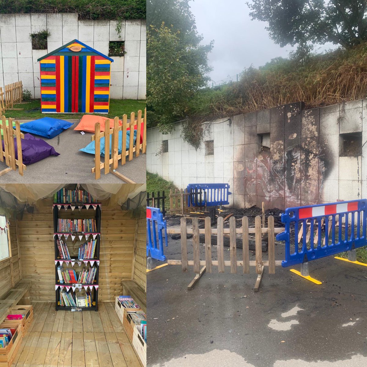 1/ Our wonderful outdoor library was purposefully burnt down by vandals yesterday, destroying its entire contents and and our outdoor PA system. The library was in memory of a very special member of our community who we sadly lost last year.
