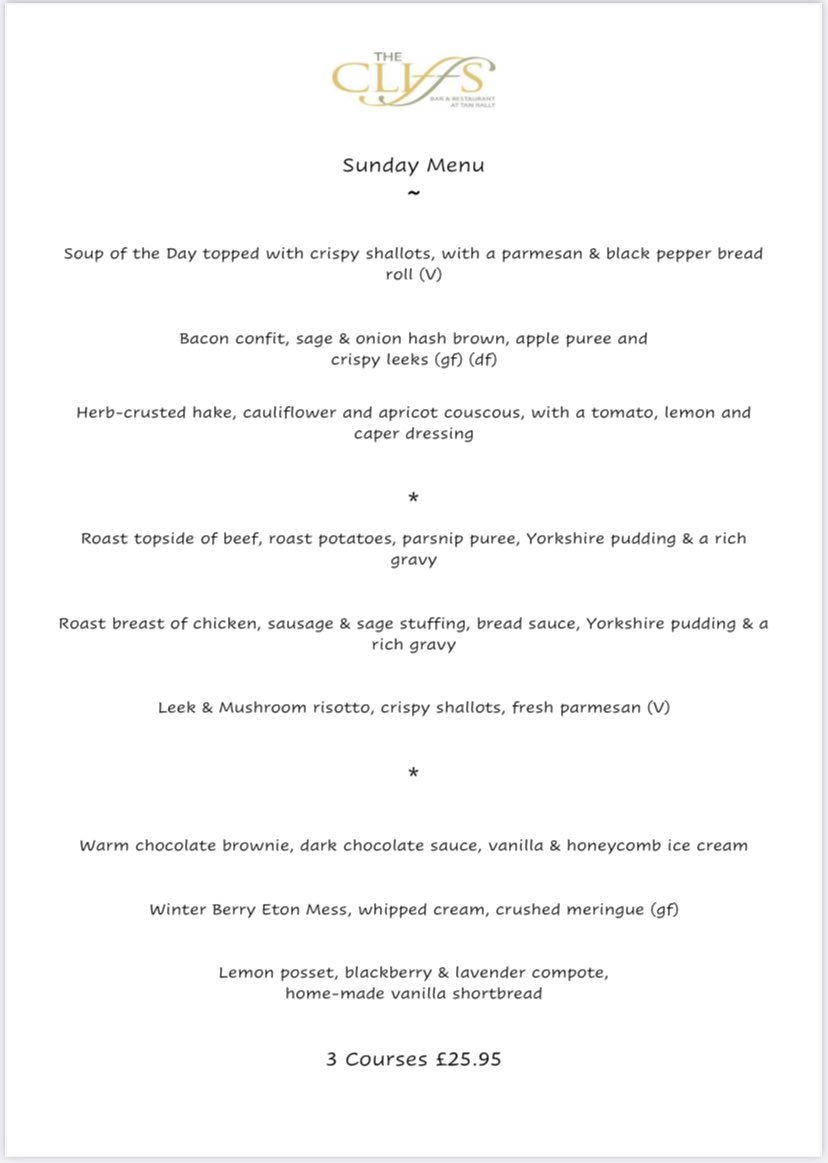 TheCliffs_'s tweet photo. ~ • Sunday 27th September • ~

It’s a beautiful day here today, so why not book one of our last remaining tables and enjoy our delicious Sunday menu alongside our breathtaking views. 

01492 511633 - see you soon 🌿

#abergele #welshfood #localproduce #sundayroast https://t.co/726xom7VBG