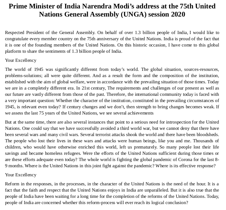 IndEmbDoha's tweet image. Text of Hon&apos;ble Prime Minister&apos;s address at the 75th United Nations General Assembly (UNGA) session 2020

نص خطاب رئيس وزراء الهند أمام الدورة 75 للجمعية العامة للأمم المتحدة لعام 2020 

#PMModiAtUN 
pib.gov.in/PressReleseDet…

@MEAIndia