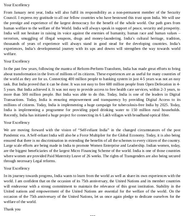 IndEmbDoha's tweet image. Text of Hon&apos;ble Prime Minister&apos;s address at the 75th United Nations General Assembly (UNGA) session 2020

نص خطاب رئيس وزراء الهند أمام الدورة 75 للجمعية العامة للأمم المتحدة لعام 2020 

#PMModiAtUN 
pib.gov.in/PressReleseDet…

@MEAIndia