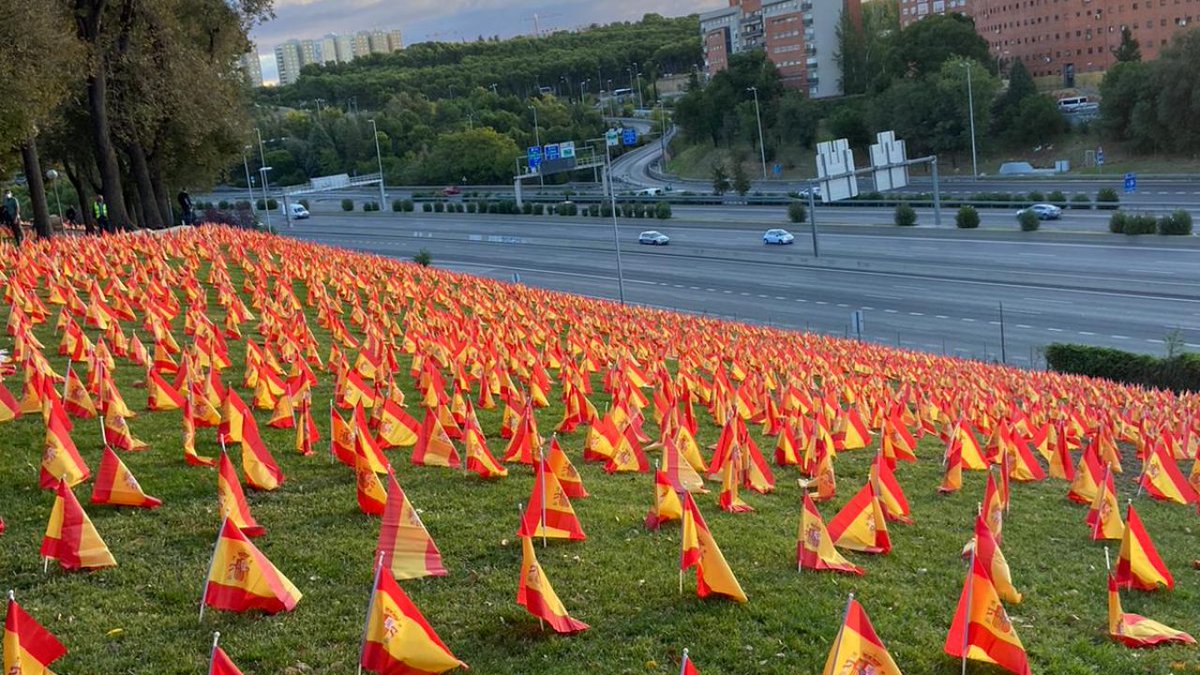 eventosmadrid's tweet photo. Colocan 53.000 banderas de España en la M-30 de #Madrid en recuerdo a las víctimas del #coronavirus: La Asociación Nacional de Víctimas y Afectados por #Coronavirus ha colocado 53.000 banderas de España sobre el césped en recuerdo a las víctimas del… https://t.co/zXc8jFQsnF https://t.co/iyqG1kDBE9