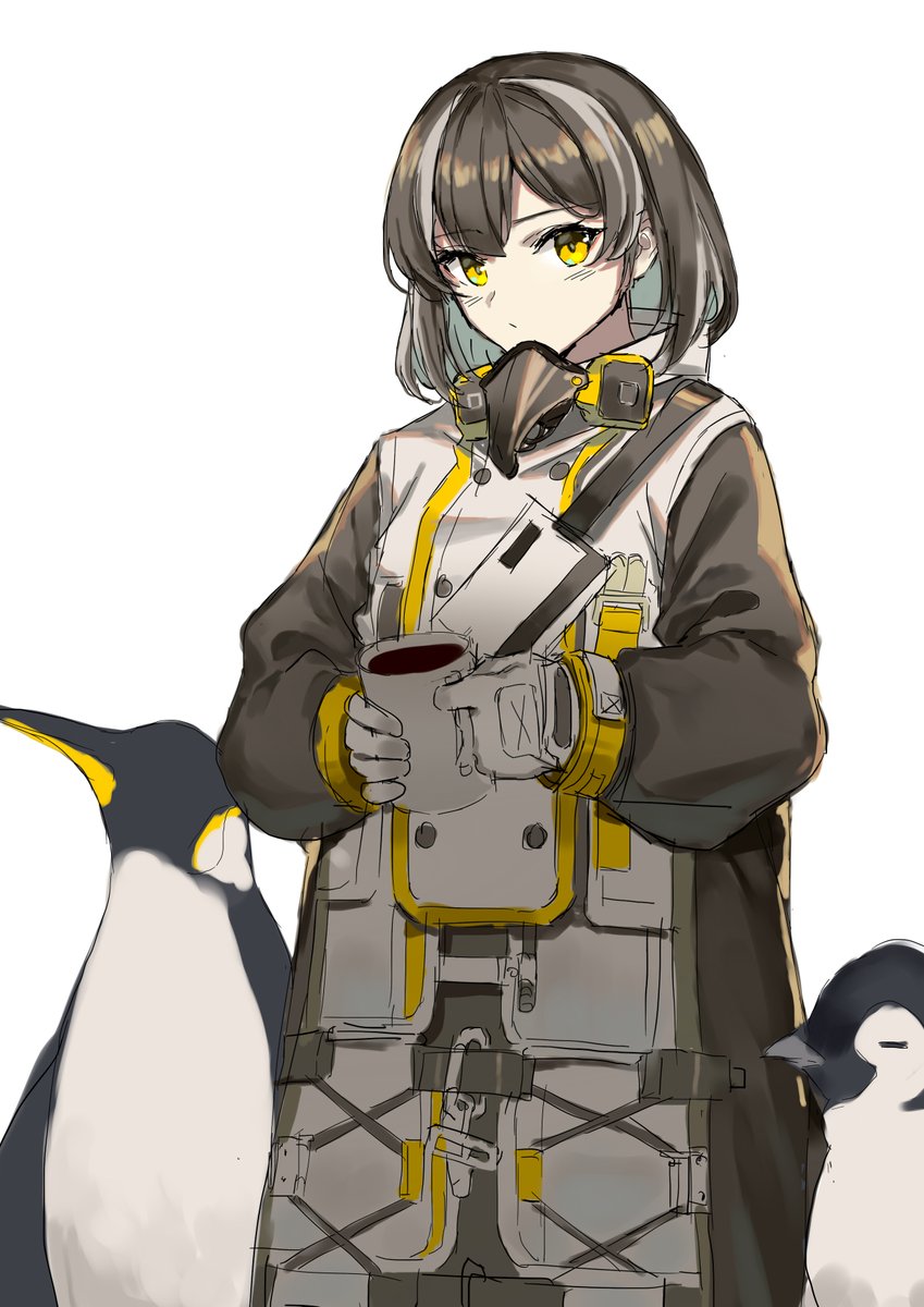 magallan (arknights) 1girl penguin streaked hair yellow eyes white background bird mask  illustration images