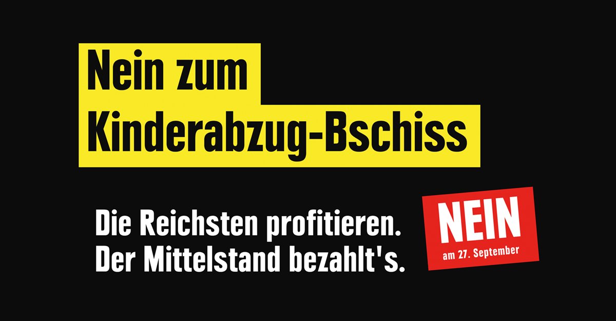 michsorg's tweet photo. Das wuchtige NEIN zum #KinderabzugBschiss ist ein NEIN zur bürgerlichen Steuerpolitik! Die rechten Parteien haben offenbar spätestens seit der #USR3 jegliche Glaubwürdigkeit in der Steuerpolitik verloren. #abst20 https://t.co/bxBL7nFyZA