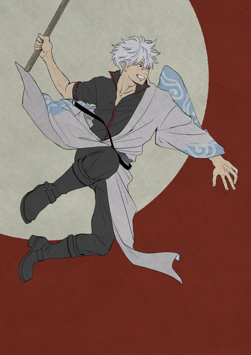 sakata gintoki 1boy solo male focus wooden sword boots black footwear japanese clothes  illustration images