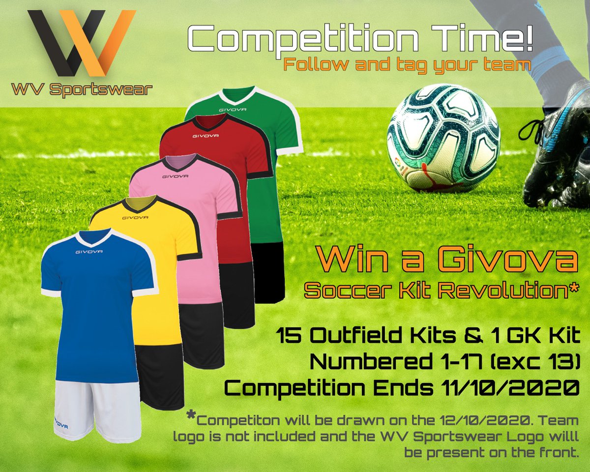 Competition! WIN A <a href="/GIVOVAofficial/">GIVOVA</a> Football Kit (15 Outfield, 1 GK) available in several colours. Numbers included, Logos NOT, WV Sportswear logo on the front.  Follow <a href="/WVSportswear/">WV Sportswear</a> to enter and tag your team below. #KitComp #Teamwear #FootballKits