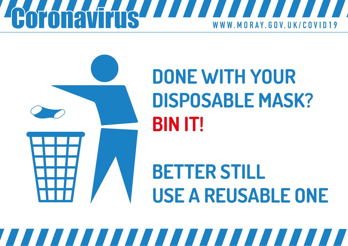 Please dispose of single-use face masks responsibly
😷 Dispose of mask as soon as it’s damp
👐 Wash hands
👍  Remove mask from behind with ear or head strap (don’t touch the front of the mask)
🗑  Discard in a closed bin (there's no closed bin emoji!)
🙌  Wash or sanitise hands