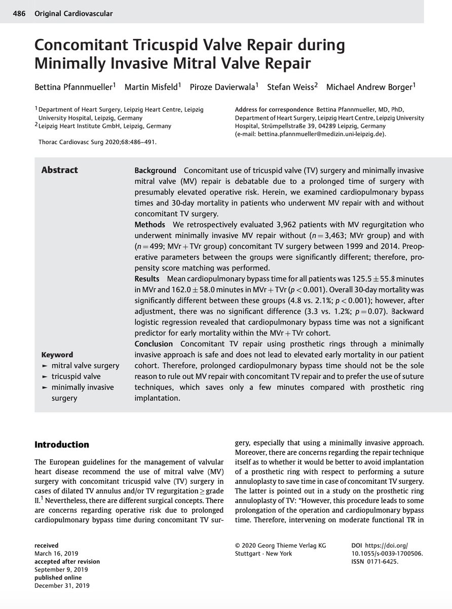 TCSurgeon's tweet photo. Concomitant Tricuspid Valve Repair during Minimally Invasive Mitral Valve Repair is safe and does not lead to elevated early mortality.
Check the article by B. Pfannmueller et al. on 3,962 patients - https://t.co/lbRIirpnxW
#cardiotwitter #cardiacsurgery #mitralvalvesurgery https://t.co/TzxUczYWwt