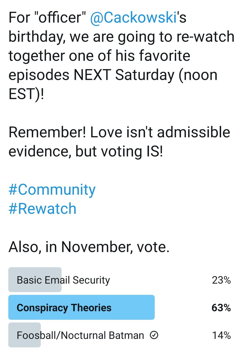 communiess's tweet photo. Conspiracy Theories it is! Next Saturday at 12 PM CST, put down the Chronicles of Dean Dangerous and be a Craig-ular Joe by joining us on Netflix Party for @Cackowski's birthday!

#AndAReWatch 
#Community https://t.co/VJtG0MUJGC