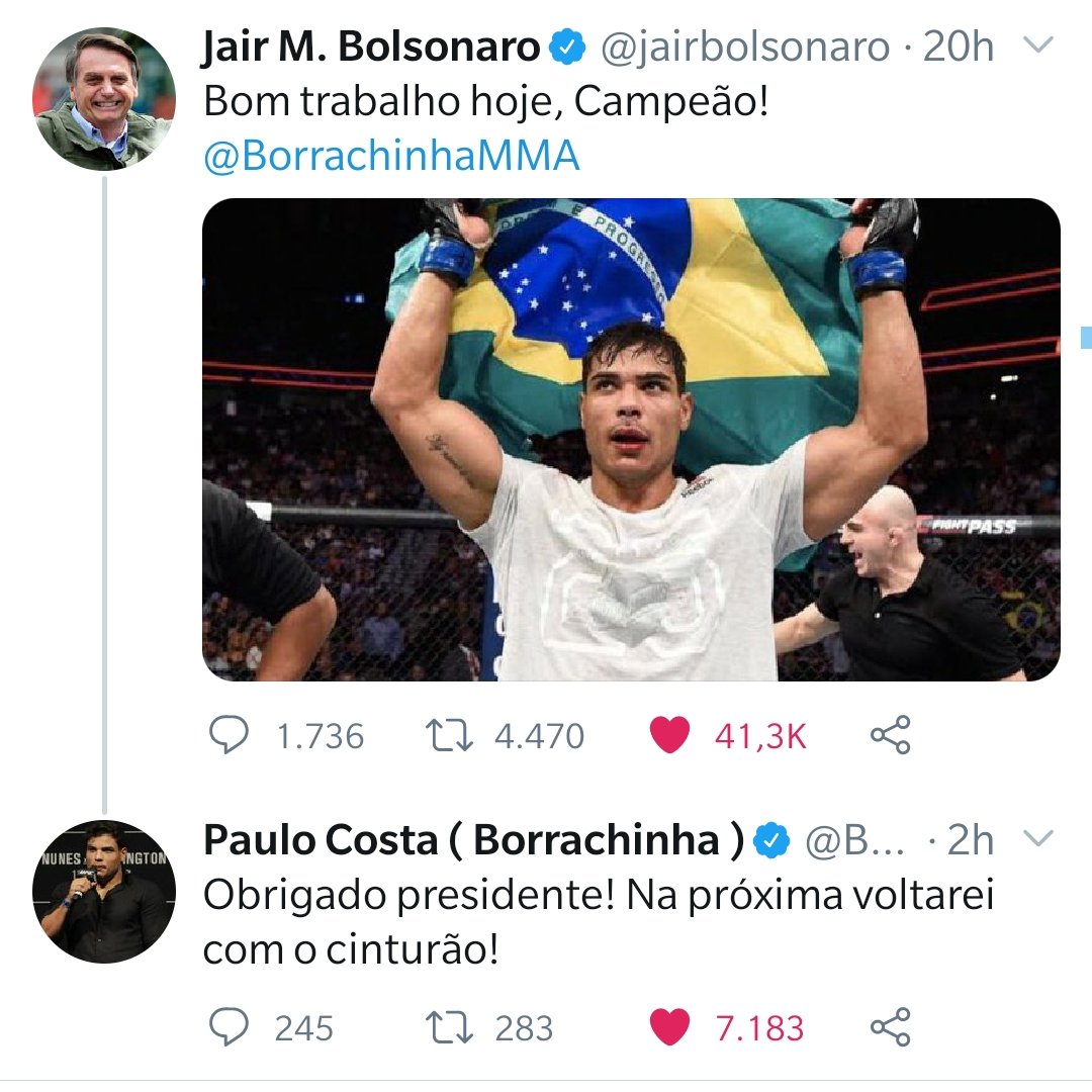 Fico muito triste e consternado em ver que muitos brasileiros estavam torcendo contra o nosso guerreiro <a href="/BorrachinhaMMA/">Paulo Costa</a> simplesmente pq nosso presidente <a href="/jairbolsonaro/">Jair M. Bolsonaro</a>  manifestou sua torcida para o atleta.

Força guerreiro!