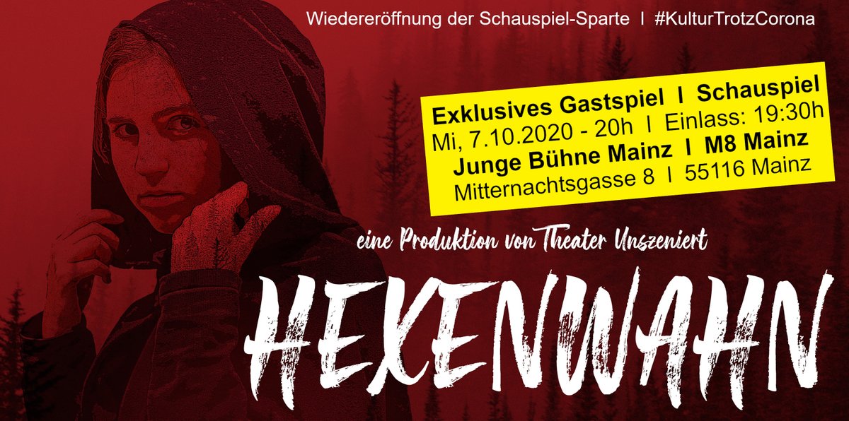 JungeBuhneMainz's tweet photo. Wir freuen uns auf ein tolles #Gastspiel des neuen "Theater UNszeniert" am #Theater @JungeBuhneMainz mit der ersten Eigenproduktion HEXENWAHN - #Schauspiel von Thorsten Schlicht:
Mi, 07.10.2020 - 20h - M8 #Mainz
Tickets: mail@junge-buehne-mainz.com
#mainzgefühl #mainzigartig #RLP https://t.co/M4ECg8FK1K
