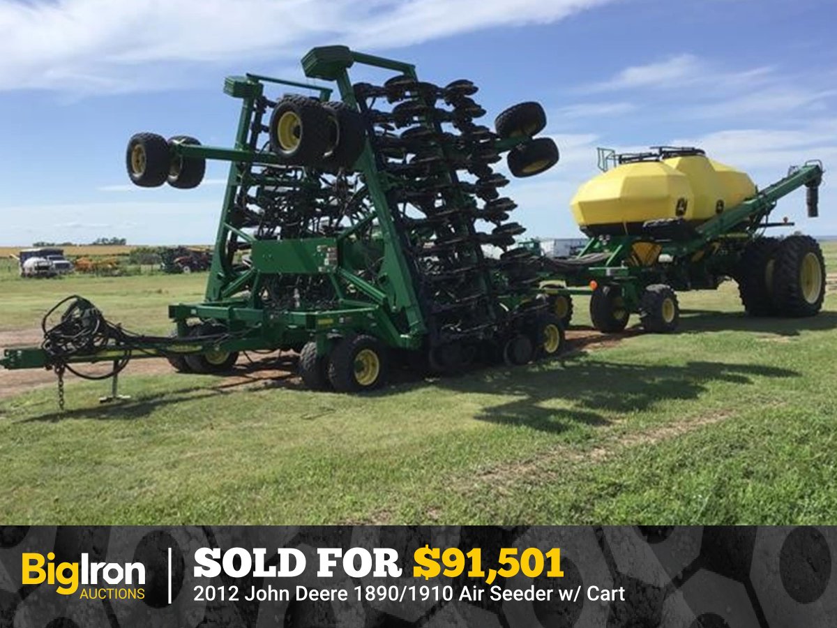 BigIronAuctions's tweet photo. Auction Highlights: This 2012 John Deere 1890/1910 Air seeder w/cart in Kansas sold for $91,501 on a recent BigIron auction. If you need help selling your own equipment give us a call at 1-800-937-3558 or visit https://t.co/PAZvoGTJpJ #auction #results #JohnDeere #AirSeeder https://t.co/z5hmJNpKN3