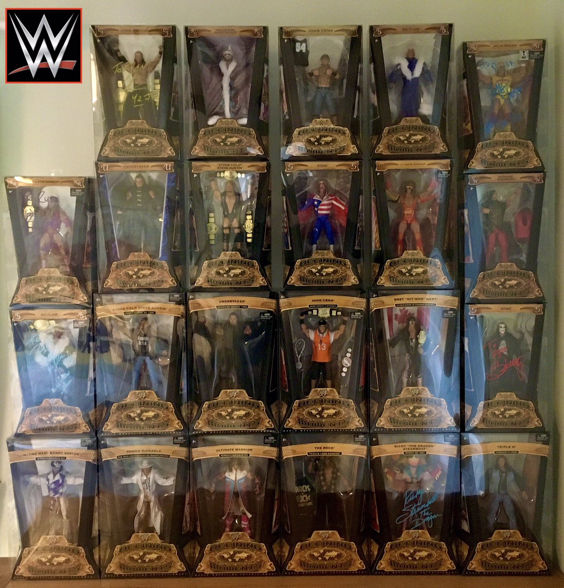 WWE Defining Moments Figures. Complete collection now in protective cases, courtesy of #dcdeflectors! No chance of letting them breathe! Itch scratched! #hWo #onefigcommunity