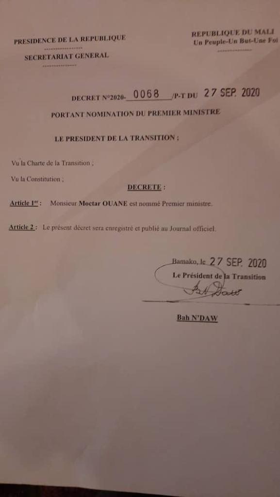 harounakeita_'s tweet photo. #Mali : Mr Moctar OUANE vient d'être nommé Premier Ministre de la Transition par le Président Bah N'DAW https://t.co/5RoBETEG9L
