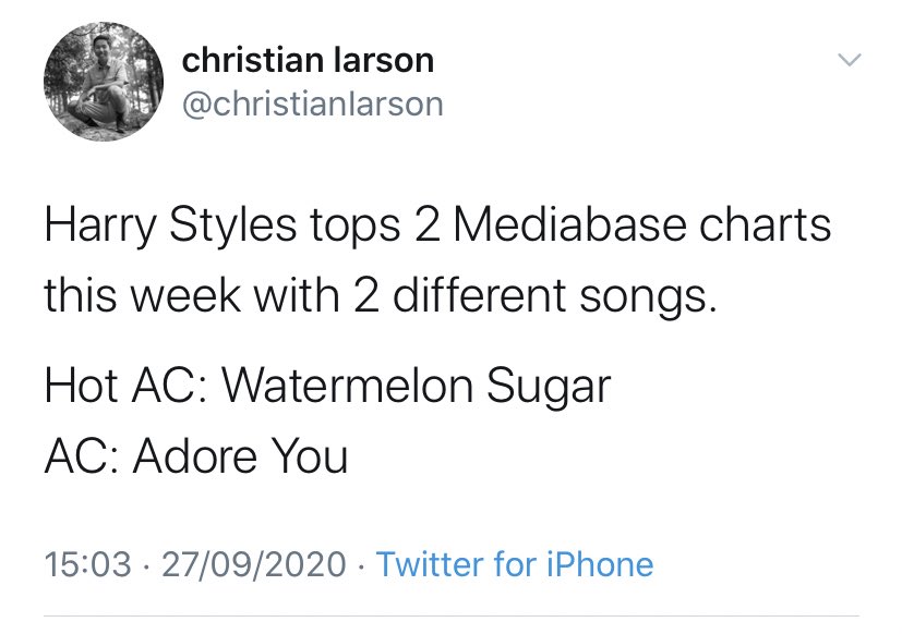 -“Watermelon Sugar” has reached #1 on HAC USA, his second song to achieve this, while “Adore You” is #1 on AC. Harry tops two charts with two different songs. -WS is also #4 on Billboard 100 Canada and is #8 on the ARIA chart Australia.