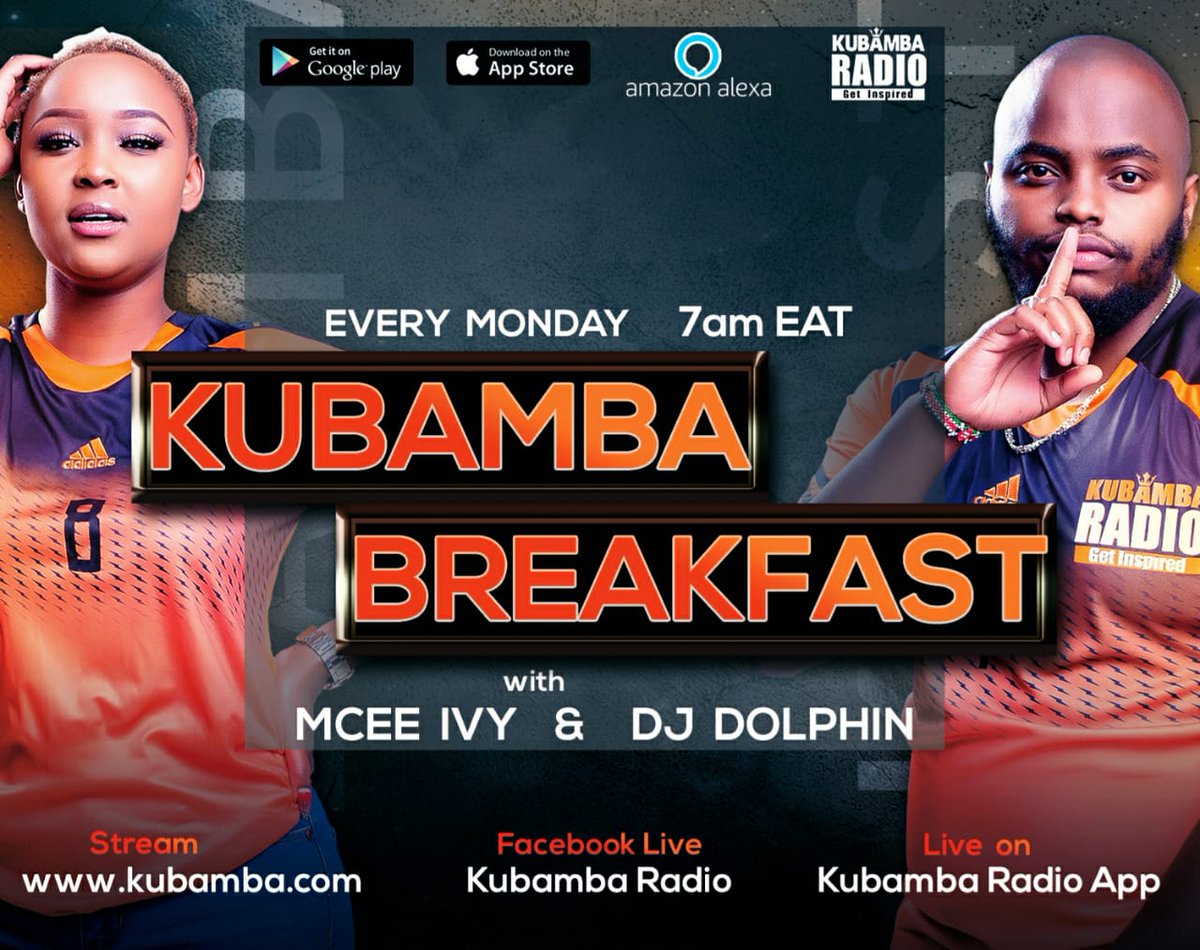 DeejaySeanke's tweet photo. Get to hangout with your favourite Monday morning duoπ€
Join @mceeivy and @Dolphinthedj for #KubambaBreakfast on @kubambaradio , this and EVERY MONDAY from 7am.
Download #KubambaRadio app on Playstore or AppleStore.Or catch us live on Alexa https://t.co/rvDXooqt8m
#GetInspired https://t.co/pNDXiRlI23