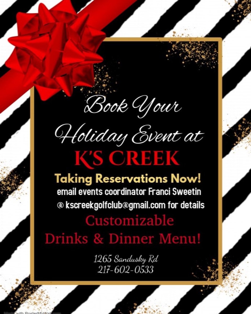 Book your holiday event now at K's Creek Golf Club &amp; Kitchen 63! Email event coordination, Franci, at kscreekgolfclub@gmail.com for details. Customizable drinks and dinner menu will be available!  
#JacksonvilleIL