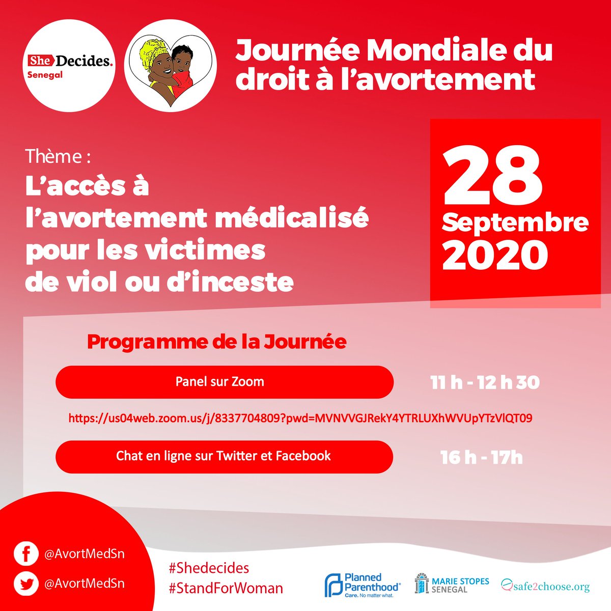 AvortMedSN's tweet photo. Nous pensons que les femmes méritent mieux plus particulièrement celles qui sont victimes de viol ou d'inceste.
Rendez-vous demain pour suivre et participer à ce panel et au chat en ligne pour apporter notre soutien à ces femmes.
#Abortionday
#safeabortionday
#Shedecides

#Kebetu https://t.co/upVX5eiYCP