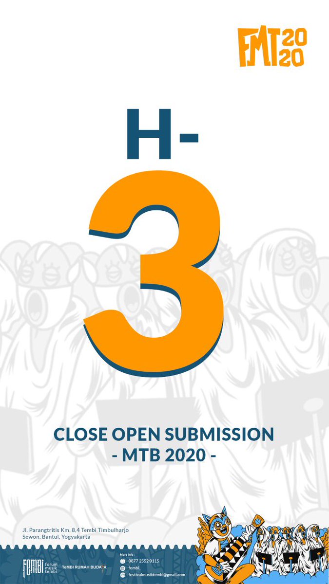 H-3 close OPEN SUBMISSION MTB
Sudah kirimkan karyamu??

#FMT #FMT2020 #festivalmusiktembi #festivalmusik #eventmusik #eventjogja #eventmusikjogja #MTB #MTB2020 #musiktradisibaru