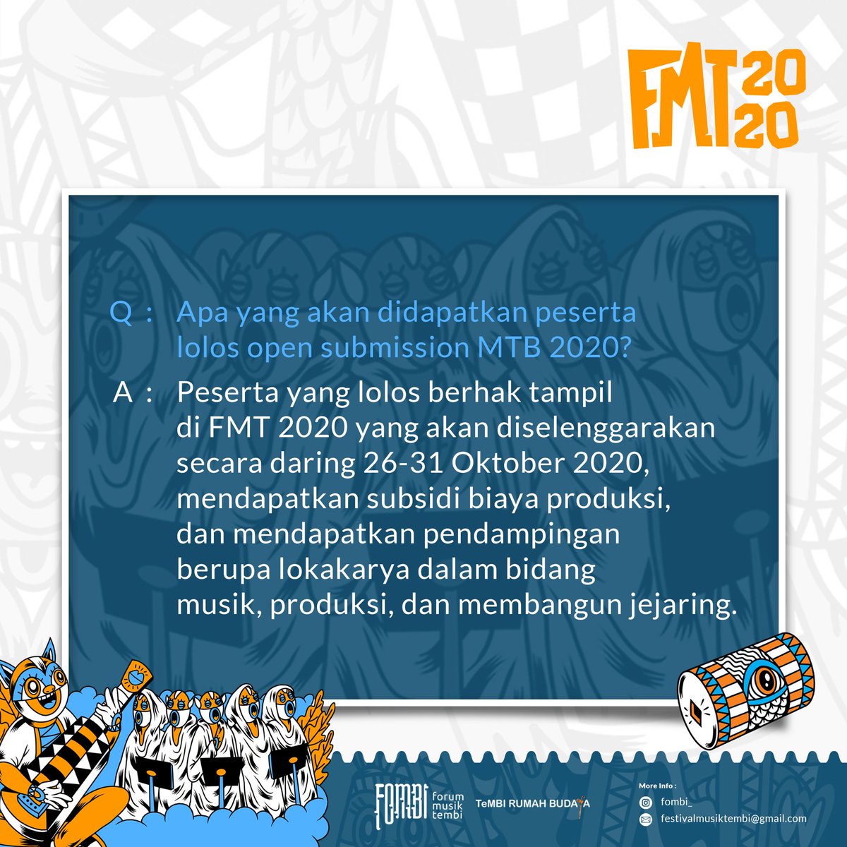 Yang masih belum kirim juga
Bisa cek FAQ MTB berikut yaa :)

#Musiktradisibaru #MTB2020 #FAQ #FMT #FMT2020 #opensubmission