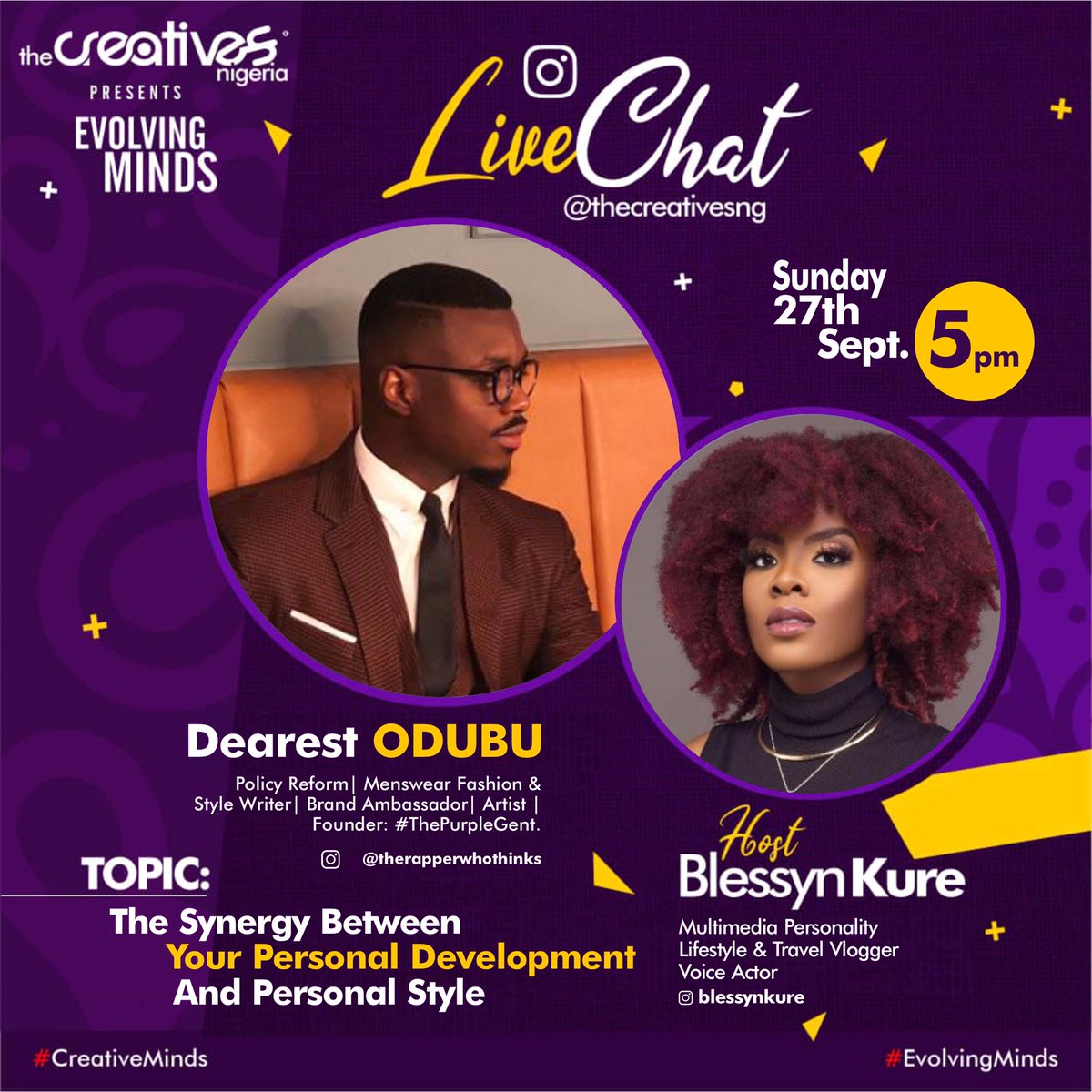 thecreativesng's tweet image. At 5pm on our IG page, @thecreativesng | @BlessynKure hosts @DearestOsasO 

It promises to be an awesome time! Don’t miss it!
_
#evolvingminds 
#chatwithdearestodubu 
#abujatwittercommunity 
#bbnaijalockdown2020