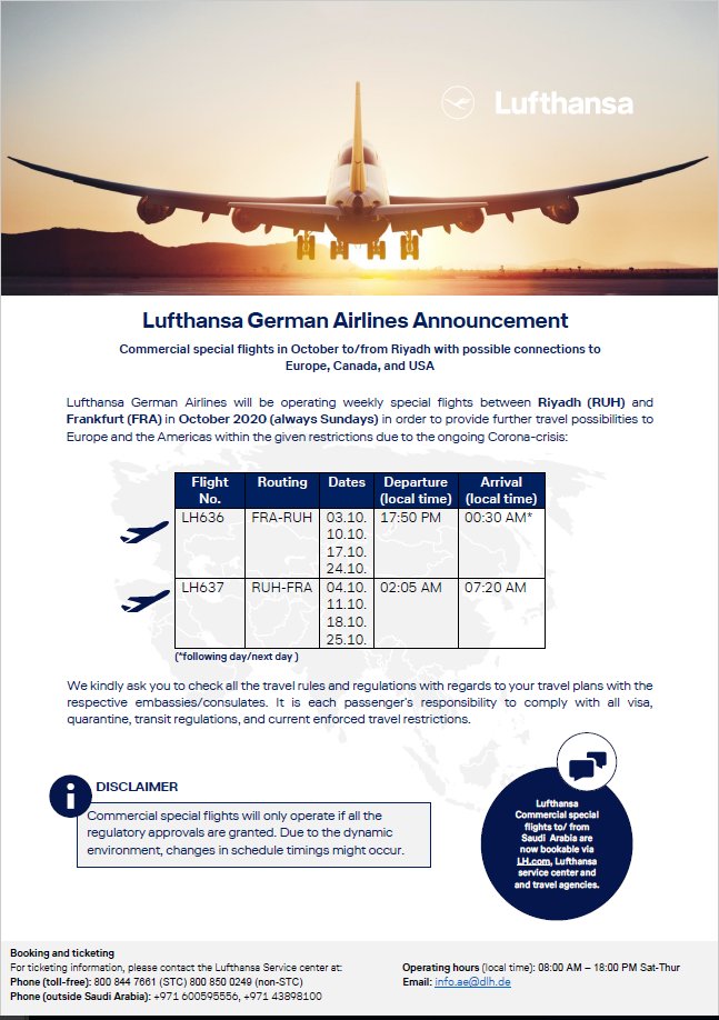 Finland in KSA 🇫🇮🇸🇦 on Twitter: "Lufthansa will be operating four  special flights between Riyadh and Frankfurt in October. For more  information and booking, please contact Lufthansa directly.  https://t.co/ce0Jx1KFI4" / Twitter
