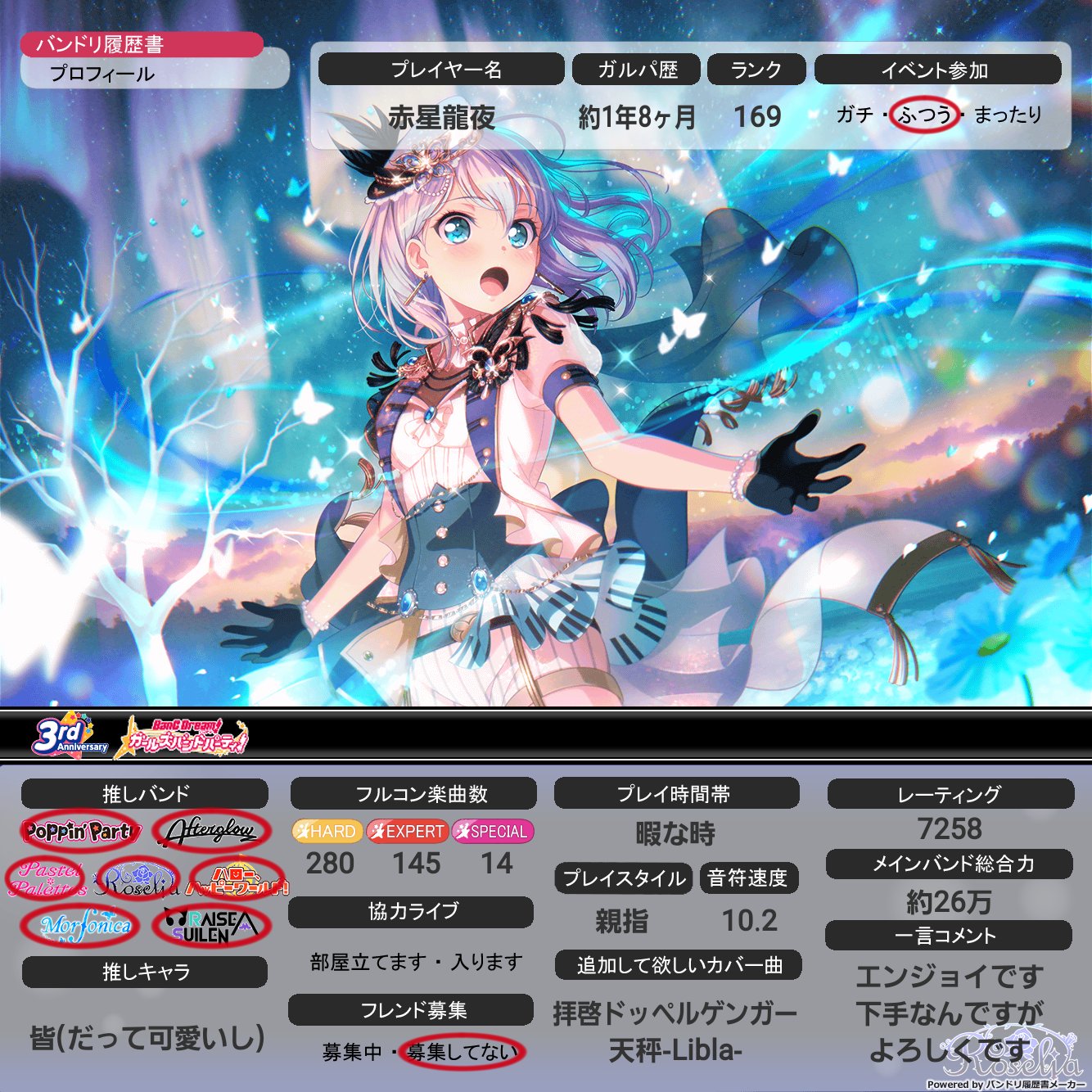 赤星龍也 ゲーム好きのにわか On Twitter バンドリ履歴書更新 出来てるか不安 まぁ大体こんなやつです 協力ライブなんかで見かけたら あぁこいつだな とでも思っといてください ガルパ バンドリガールズバンドパーティ バンドリ履歴書