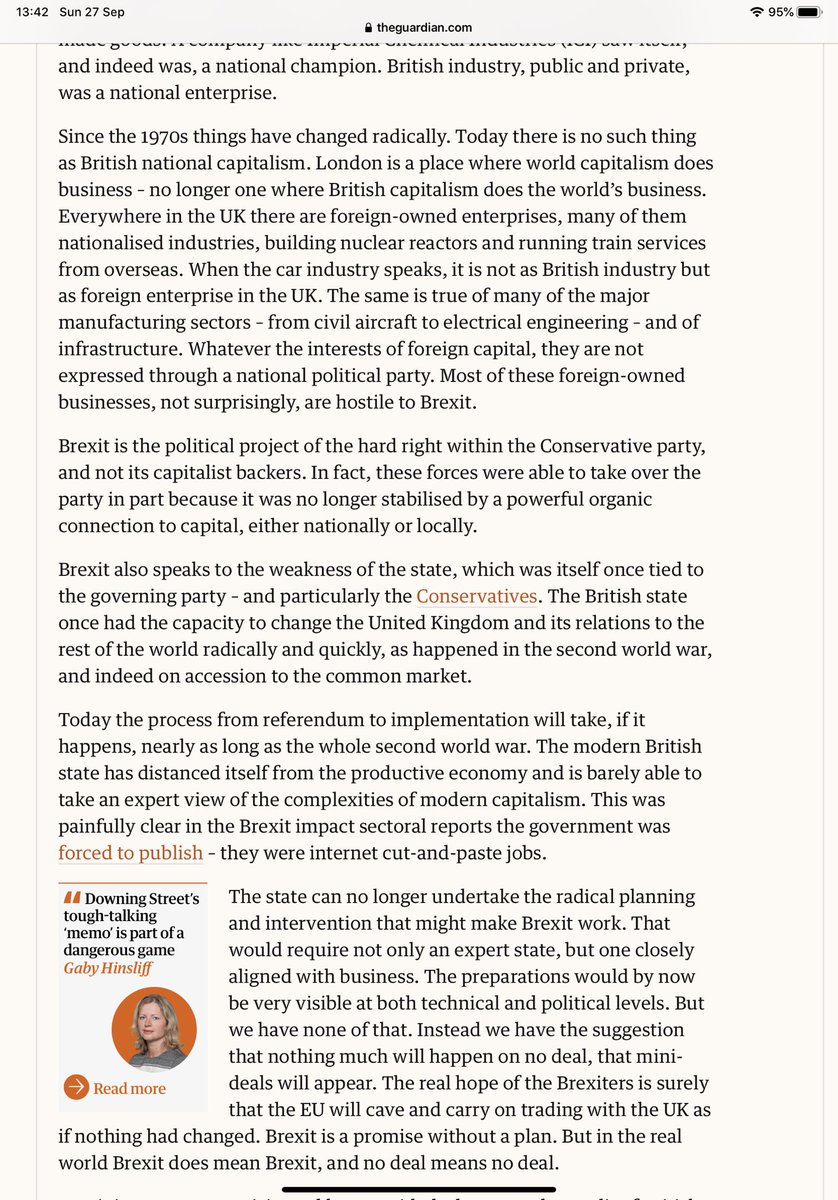 Brexit is the political project of the hard right within the tory party, & not its capitalist backers. In fact, these forces were able to take over the party in part because it was no longer stabilised by a powerful organic connection to capital, either nationally or locally