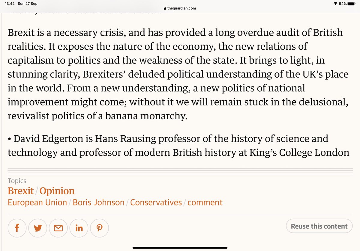 Brexit also speaks to the weakness of the state, which was itself once tied to the governing party – and particularly the Conservatives.Hence “Brexit is a necessary crisis & has provided a long overdue audit of British realities. ...”