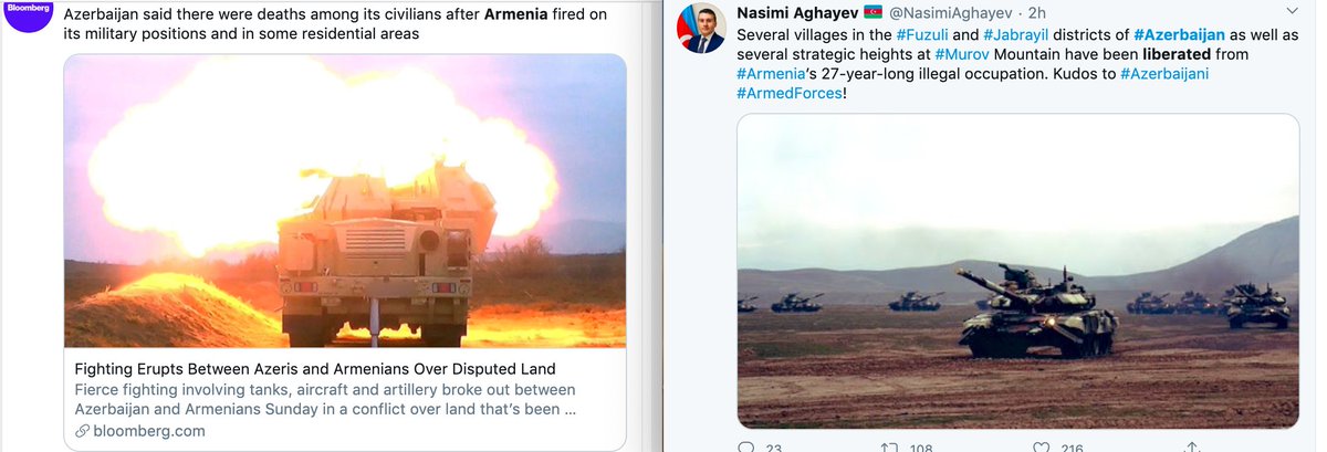We can see how first the internet was shut down by Baku to control information, while telling foreign media about Armenian "aggression"...before 7 hours later claiming Azerbaijan "liberated" areas in "illegally occupied" Karabakh. Narrative switched quickly.