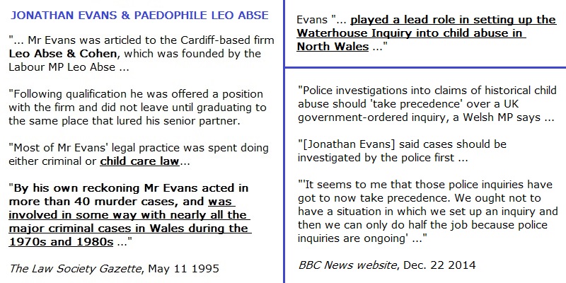 ➎➌ Jonathan EvansEvans worked at solicitors Leo Abse & Cohen til 1992; Leo Abse was an alleged pedophileMost of Evans' legal practice concerned criminal & Child Care lawSubsequently as an MP, Evans played a lead role in setting up the Waterhouse Inquiry into child abuse