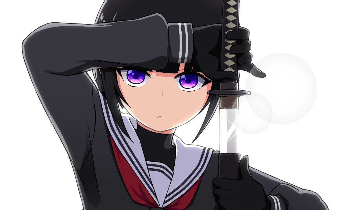 1girl unsheathing solo gloves black gloves purple eyes black hair  illustration images